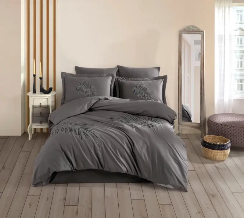 Hobby Çift Kişilik Poplin Premium Nakışlı Nevresim Silvana Gri - NEVRESIMDUNYASI