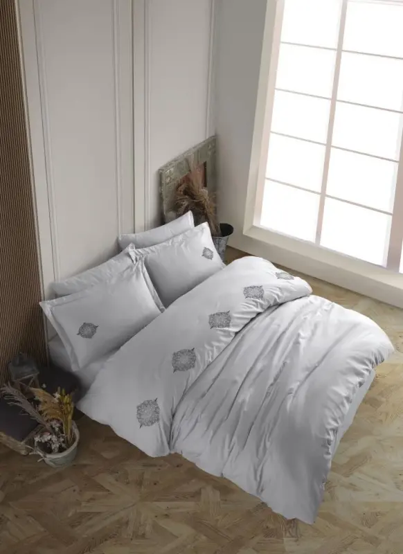 Hobby Çift Kişilik Poplin Premium Nakışlı Nevresim Azra Gri - NEVRESIMDUNYASI