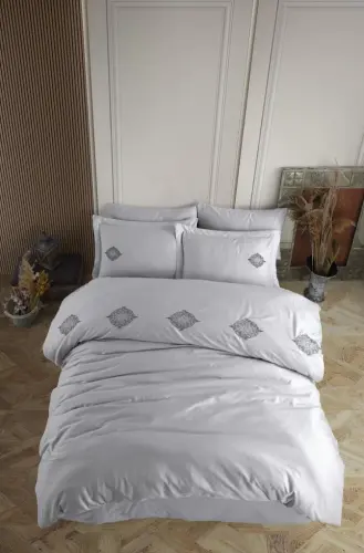 Hobby Çift Kişilik Poplin Premium Nakışlı Nevresim Azra Gri - NEVRESIMDUNYASI (1)