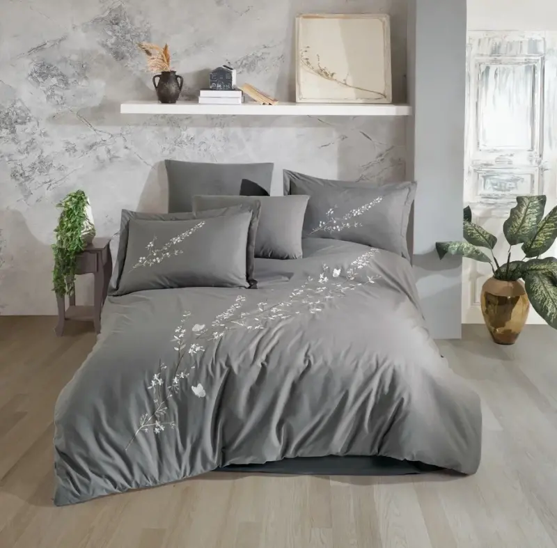 Hobby Çift Kişilik Poplin Premium Nakışlı Nevresim Vera Gri - NEVRESIMDUNYASI