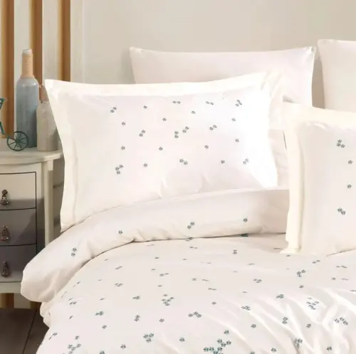 Hobby Double Poplin Premium Embroidered Bed Linen Set Spring Cream - NEVRESIMDUNYASI (1)