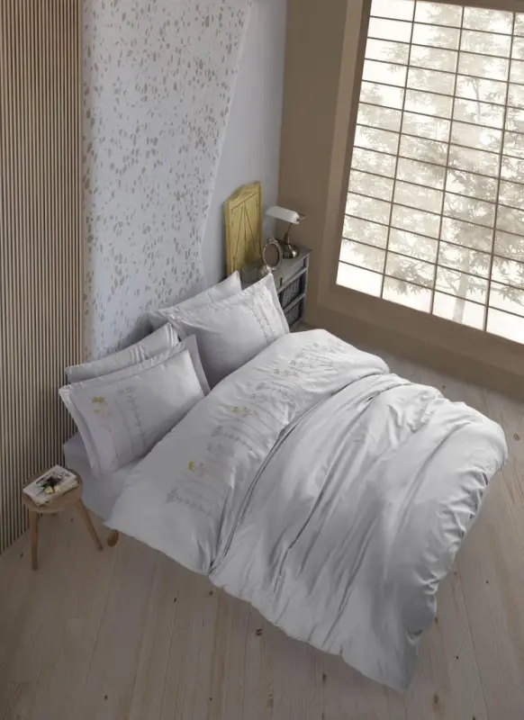 Hobby Double Poplin Premium Embroidered Duvet Cover Diva Grey - NEVRESIMDUNYASI