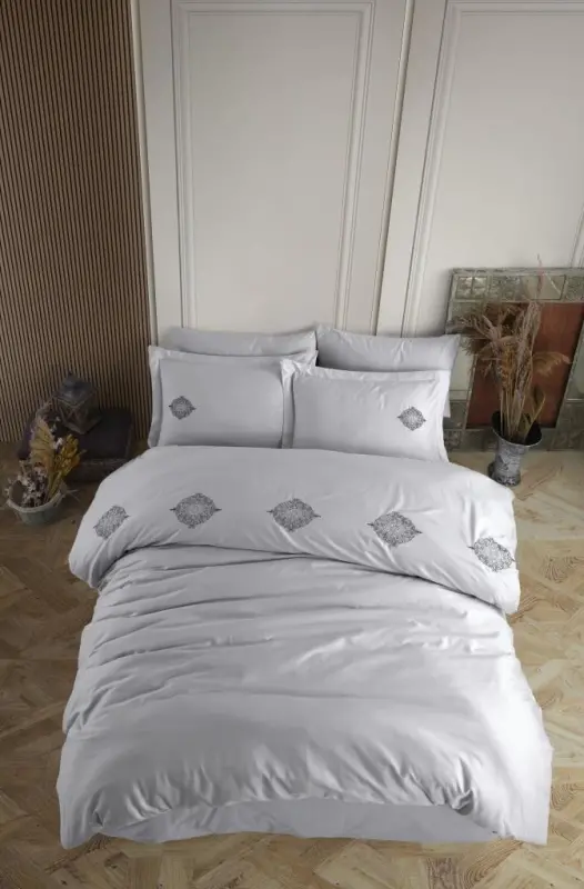 Hobby Double Poplin Premium Embroidered Duvet Cover Set Azra Grey - 2