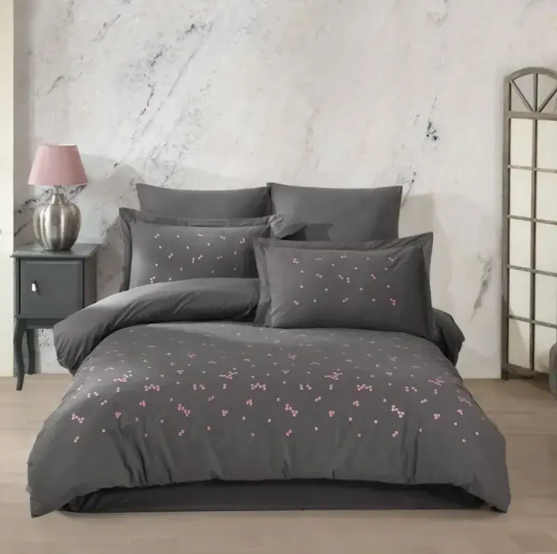Hobby Double Poplin Premium Embroidered Duvet Cover Spring Gray - NEVRESIMDUNYASI