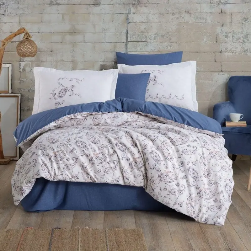 Hobby Double Size Ranforce Duvet Cover Set Calvina Blue - NEVRESIMDUNYASI