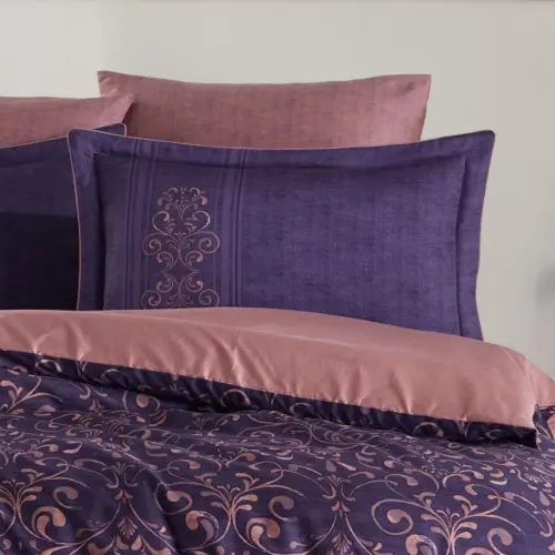 Hobby Double Sized Satin Bed Sheets Gray Purple - NEVRESIMDUNYASI (1)