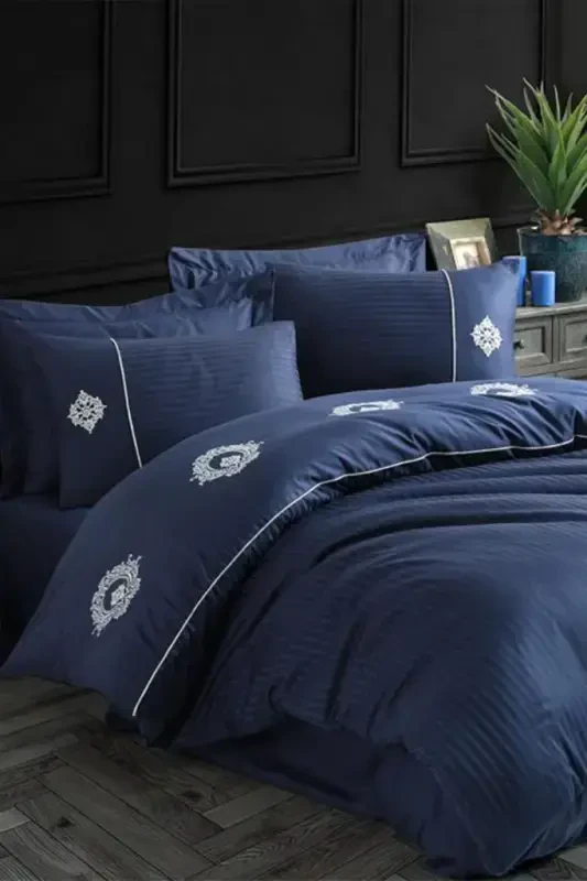 Hobby Elegant Embroidered Cotton Sateen Double Duvet Cover Set Olympus Navy Blue - NEVRESIMDUNYASI