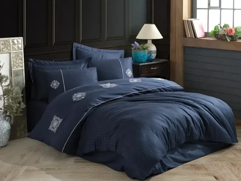 Hobby Elegant Embroidered Cotton Sateen Double Duvet Cover Set Zeugma Navy Blue - NEVRESIMDUNYASI