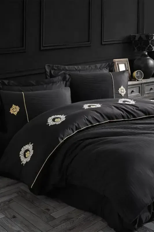 Hobby Elegant Embroidered Cotton Satin Double Duvet Cover Set Olimpos Black - NEVRESIMDUNYASI