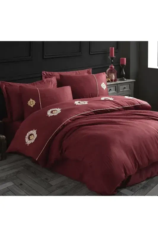 Hobby Elegant Embroidered Cotton Satin Double Duvet Cover Set Olimpos Burgundy - NEVRESIMDUNYASI
