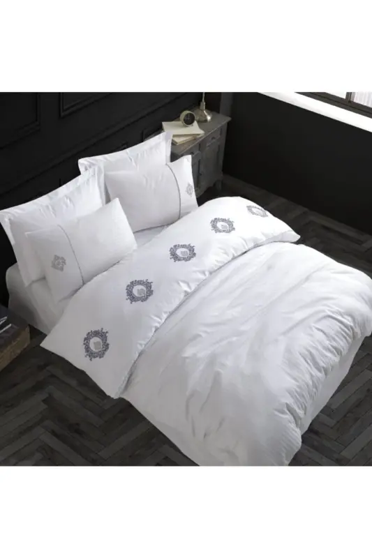 Hobby Elegant Embroidered Cotton Satin Double Duvet Cover Set Olimpos White - 1