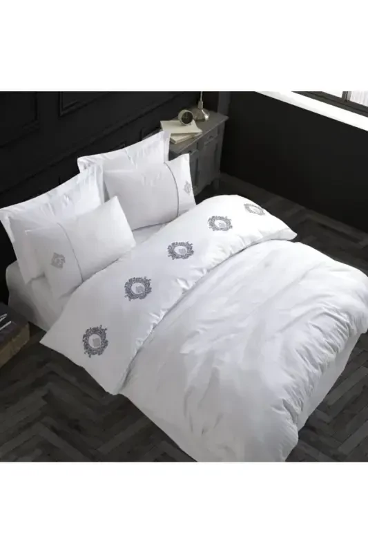Hobby Elegant Embroidered Cotton Satin Double Duvet Cover Set Olimpos White - NEVRESIMDUNYASI