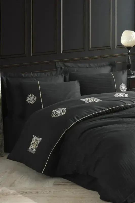 Hobby Elegant Embroidered Cotton Satin Double Duvet Cover Set Zeugma Black - 1