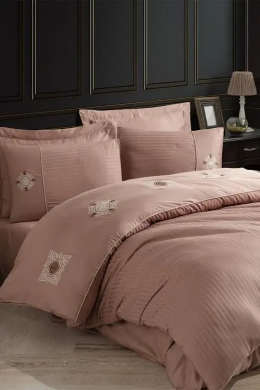 Hobby Elegant Embroidered Cotton Satin Double Duvet Cover Set Zeugma Coffee - NEVRESIMDUNYASI