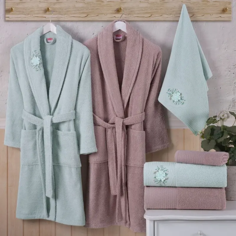 Hobby Line - Cotton Bathrobe Set - S. Green L. Beige - NEVRESIMDUNYASI
