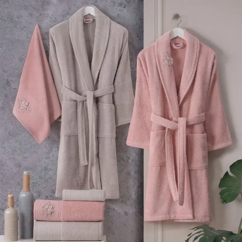 Hobby Line - Pamuklu Bornoz Seti - Pembe K. Bej - NEVRESIMDUNYASI
