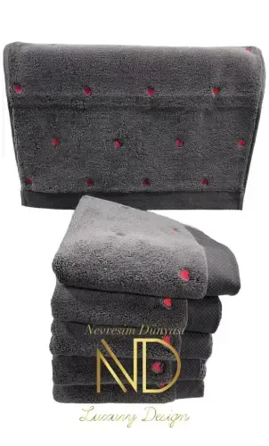 Hobby Lubow Love Dark Gray Red Embroidered 50x90 6-Piece Towel Set - 1