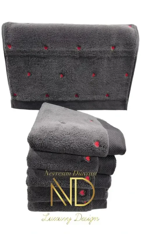 Hobby Lubow Love Dark Gray Red Embroidered 50x90 6-Piece Towel Set - 1