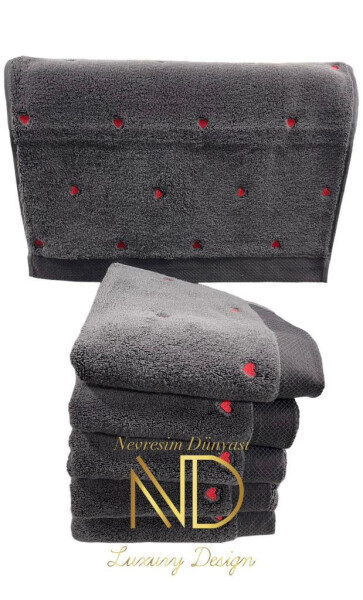 Hobby Lubow Love Dark Grey Red Embroidered 50x90 6-Piece Towel Set - 1