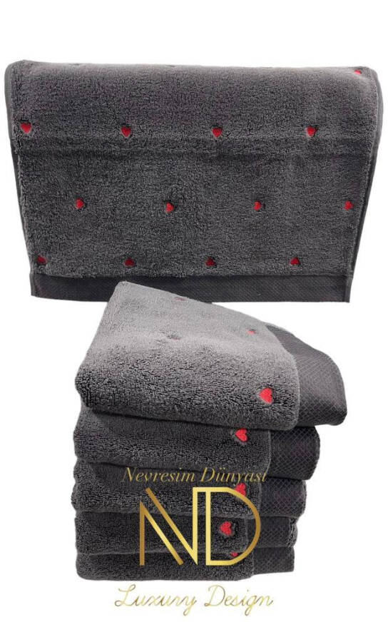 Hobby Lubow Love Dark Grey Red Embroidered 50x90 6-Piece Towel Set - 3