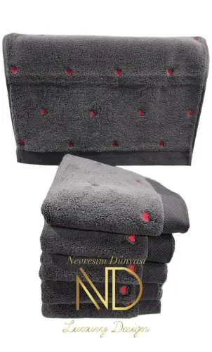 Hobby Lubow Love Dark Grey Red Embroidered 70x140 6-Piece Towel Set - 1