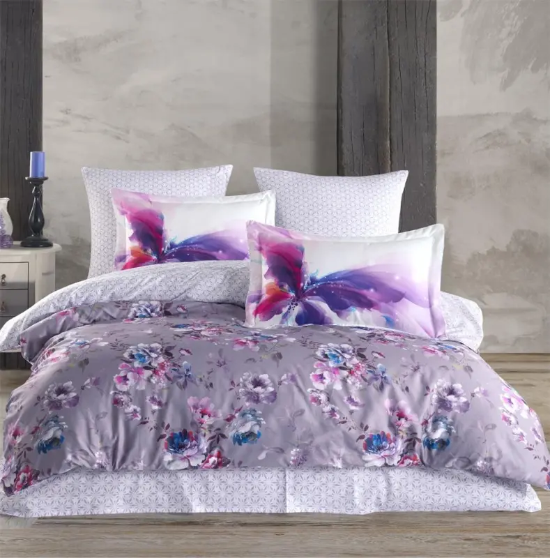 Hobby Premium Deluxe 300TC Çift Kişilik Saten Nevresim Takımı Chichek Gri - 1