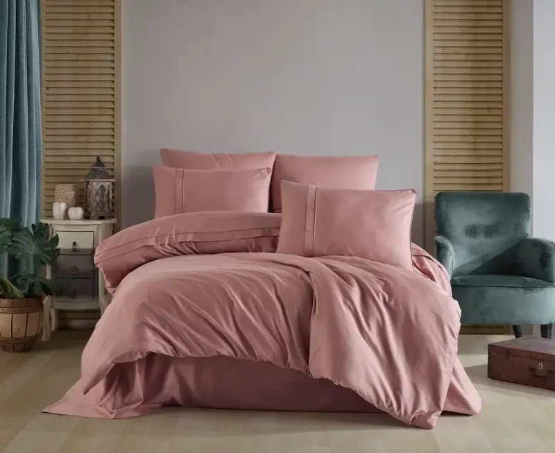 Hobby Premium Deluxe 300TC Çift Kişilik Saten Nevresim Takımı Plain Pudra - NEVRESIMDUNYASI