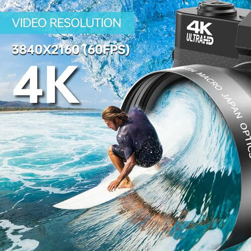 Hojocojo 4K Digital Camera with External Adjustable Microphone, 56MP Vlogging Camera for YouTube and Video, 52mm Wide Angle & Macro Lens, with 180° Flip Screen, 18X Digital Zoom, 2 Batteries, 32GB - 2