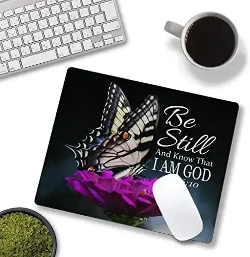 Hokafenle Mouse Pad, Butterfly Mouse Pad with Inspirational Quote Design, Square Waterproof Cloth Mouse Mat Non-Slip Rubber Base Computer MousePads for Office Laptop, Psalm 46: 10 - 4