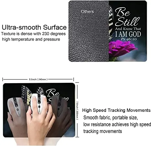 Hokafenle Mouse Pad, Butterfly Mouse Pad with Inspirational Quote Design, Square Waterproof Cloth Mouse Mat Non-Slip Rubber Base Computer MousePads for Office Laptop, Psalm 46: 10 - 3