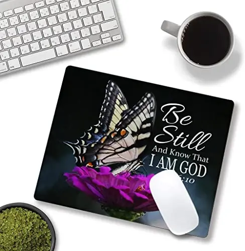 Hokafenle Mouse Pad, Butterfly Mouse Pad with Inspirational Quote Design, Square Waterproof Cloth Mouse Mat Non-Slip Rubber Base Computer MousePads for Office Laptop, Psalm 46: 10 - 4