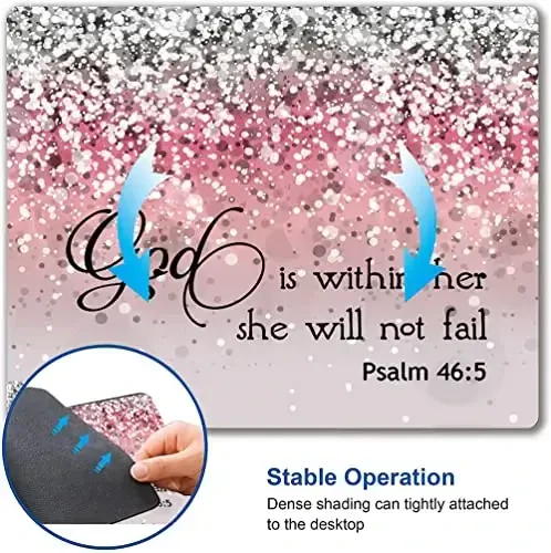 Hokafenle Mouse Pad, Psalm 46: 5 God is Within Her, She Will not Fall - Bible Verse Pink Glitter Pattern Mouse Pad for Women, Square Waterproof Non-Slip Rubber Base Mousepad for Office Laptop - 6