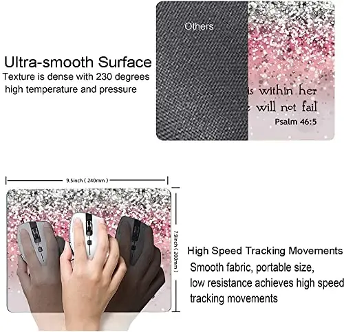 Hokafenle Mouse Pad, Psalm 46: 5 God is Within Her, She Will not Fall - Bible Verse Pink Glitter Pattern Mouse Pad for Women, Square Waterproof Non-Slip Rubber Base Mousepad for Office Laptop - 3