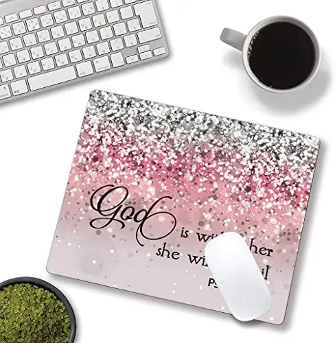 Hokafenle Mouse Pad, Psalm 46: 5 God is Within Her, She Will not Fall - Bible Verse Pink Glitter Pattern Mouse Pad for Women, Square Waterproof Non-Slip Rubber Base Mousepad for Office Laptop - 4
