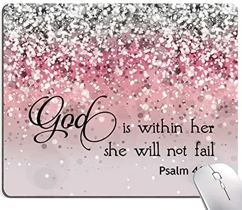 Hokafenle Mouse Pad, Psalm 46: 5 God is Within Her, She Will not Fall - Bible Verse Pink Glitter Pattern Mouse Pad for Women, Square Waterproof Non-Slip Rubber Base Mousepad for Office Laptop 