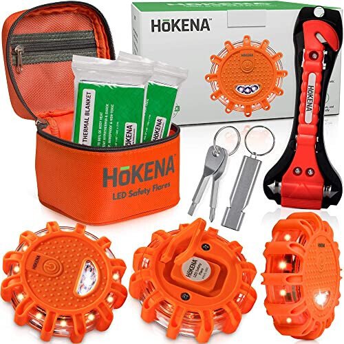 HOKENA 9 Piece Set LED Road Flares, Emergency Lights Complete Car Safety Kit, Roadside Warning Flare Beacon Disc for Vehicle & Boat with Magnetic Base, with Batteries, Seatbelt Cutter & Window Breaker - 1