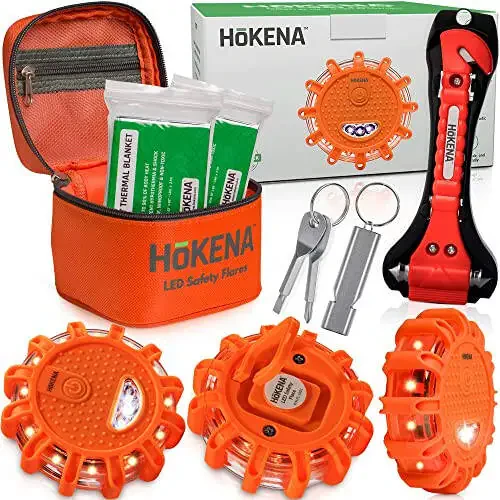 HOKENA 9 Piece Set LED Road Flares, Emergency Lights Complete Car Safety Kit, Roadside Warning Flare Beacon Disc for Vehicle & Boat with Magnetic Base, with Batteries, Seatbelt Cutter & Window Breaker - 1