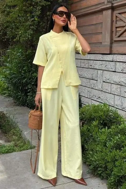 Hokim yoqali kesishgan tugmali plazzo shim Viscon zig'ir kostyumi 10209 - BÜYÜKBEDENIZ