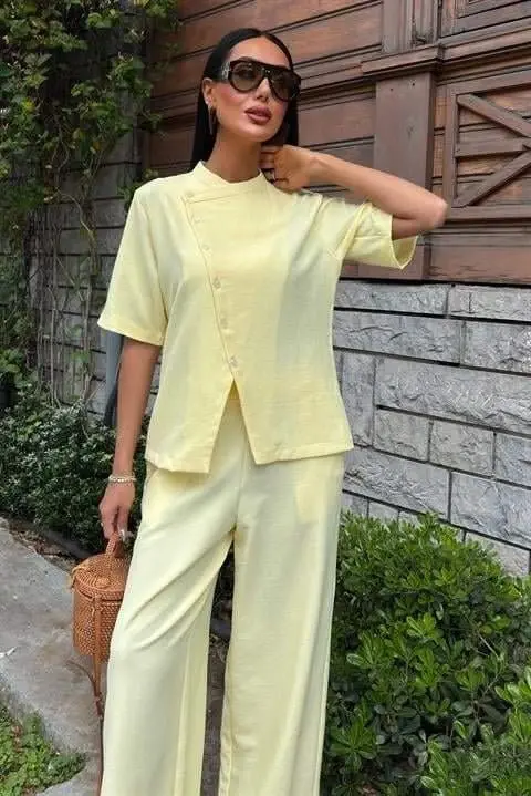 Hokim yoqali kesishgan tugmali plazzo shim Viscon zig'ir kostyumi 10209 - 7