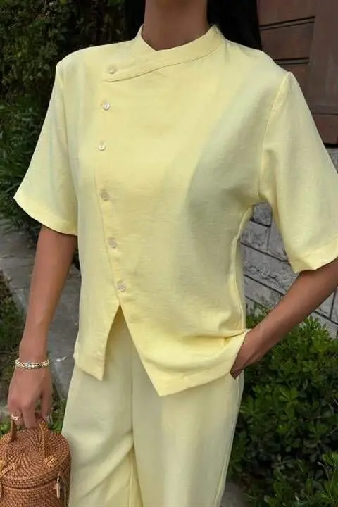 Hokim yoqali kesishgan tugmali plazzo shim Viscon zig'ir kostyumi 10209 - 8