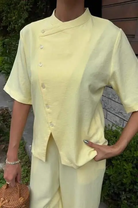 Hokim yoqali kesishgan tugmali plazzo shim Viscon zig'ir kostyumi 10209 - 9