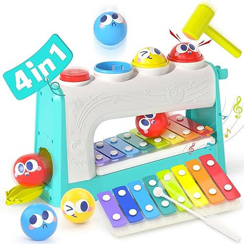 HOLA Toys for 1 Year Old Boy Birthday Gift- 4 in1 Musical Pounding Xylophone Toy, Montessori Toys for 1 Year Old Girl Gifts 2 year old boy toys Easter Basket Stuffers - 1