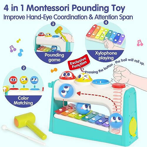 HOLA Toys for 1 Year Old Boy Birthday Gift- 4 in1 Musical Pounding Xylophone Toy, Montessori Toys for 1 Year Old Girl Gifts 2 year old boy toys Easter Basket Stuffers - 2