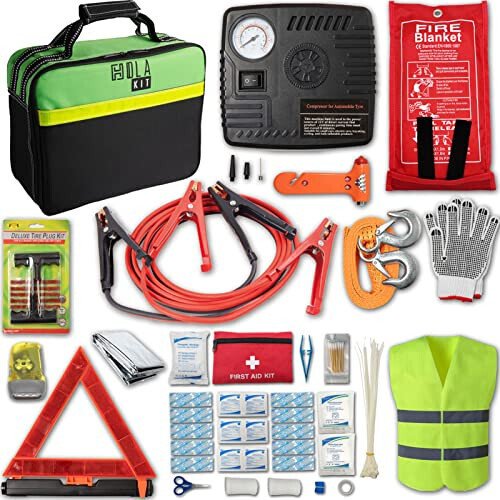 HolaKit 78-Piece Car Emergency Kit - Comprehensive Roadside Assistance Kit with Jumper Cables, Portable Air Compressor, Tow Straps, First Aid Kit, and Essential Safety Tools for Men and Women - HolaKit