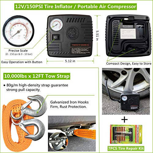 HolaKit 78-Piece Car Emergency Kit - Comprehensive Roadside Assistance Kit with Jumper Cables, Portable Air Compressor, Tow Straps, First Aid Kit, and Essential Safety Tools for Men and Women - 4