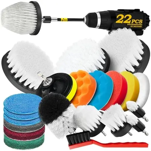 Holikme 22Pack Drill Brush AttacModazoneents Set, Scrub Pads & Sponge, Buffing Pads, Power Scrubber Brush, Car Polishing Pad Kit,Wax Applicator Pad,Car Cleaning Kit,Cleaning Supplies,Masonry Brushes,White 