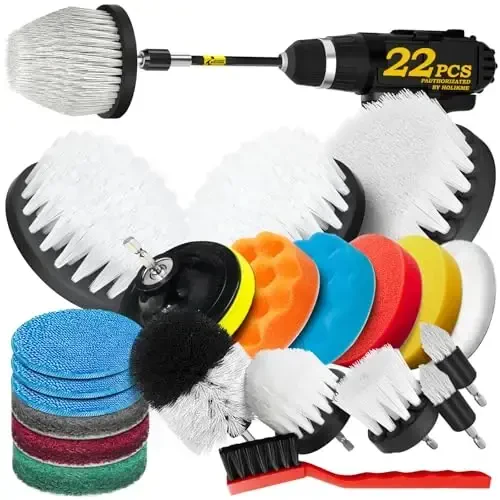 Holikme 22Pack Drill Brush AttacModazoneents Set, Scrub Pads & Sponge, Buffing Pads, Power Scrubber Brush, Car Polishing Pad Kit,Wax Applicator Pad,Car Cleaning Kit,Cleaning Supplies,Masonry Brushes,White 