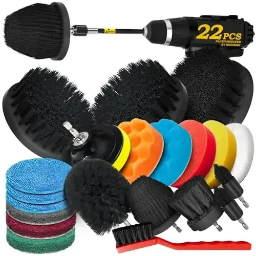 Holikme 22Pack Drill Brush AttacModazoneents Set, Scrub Pads & Sponge, Buffing Pads, Power Scrubber Brush, Car Polishing Pad Kit,Wax Applicator Pad,Car Cleaning Kit，Cleaning Supplies，Masonry Brushes,Black 