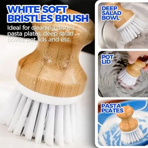 Holikme 6 Pack Dish Brush Kitchen Brushes Set with Bottle Brush, Dish Brush, Palm Scrub Brush and Straw Brush, Fruit Vegetable Cleaning Brushes, Long Handle for Skillet Wok Pot Pan Cast Iron, White - 3