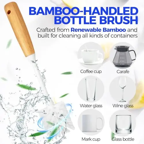 Holikme 6 Pack Dish Brush Kitchen Brushes Set with Bottle Brush, Dish Brush, Palm Scrub Brush and Straw Brush, Fruit Vegetable Cleaning Brushes, Long Handle for Skillet Wok Pot Pan Cast Iron, White - 4